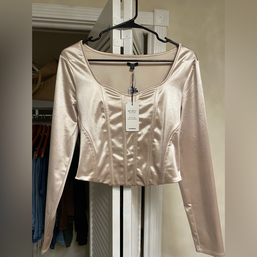 Cream satin corset top with long sleeves from express with tags still on